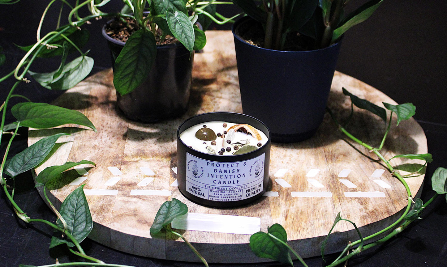 Protect and Banish Crystal & Herb Intention Candle