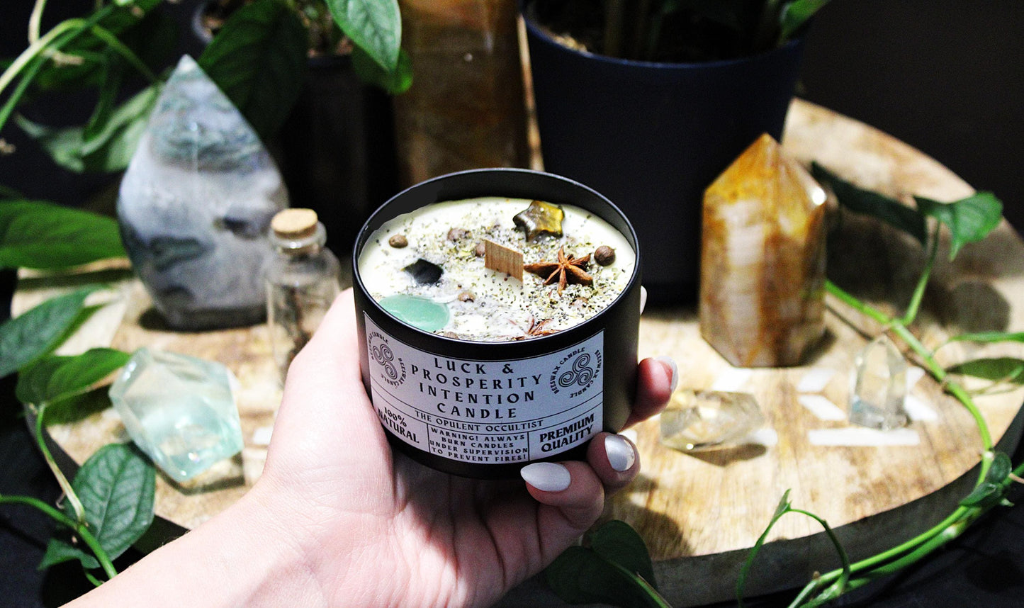 Luck and Prosperity Crystal & Herb Intention Candle